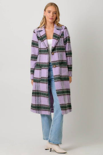 Mystree Fuzzy Plaid Long Coat