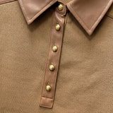 Current Air - Ribbed Knit Faux Leather Polo Top