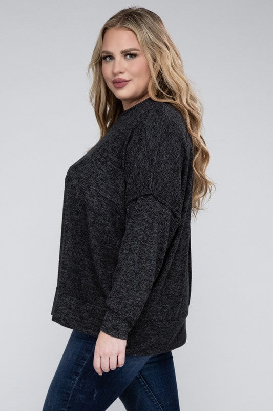 Brushed Melange Drop Shoulder Sweater, Various Colors, Zenana (Plus only)