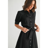 FUN2FUN - SATIN PLEATS DETAIL TIE WAIST SHIRT DRESS