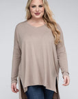 V-Neck Side Slit Hi-Low Hem Top, Various Colors, Zenana (Plus Only)