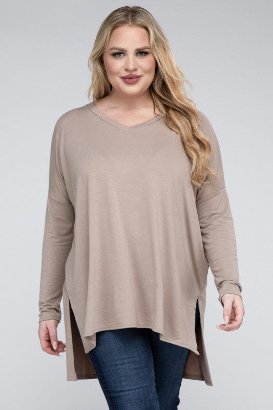 V-Neck Side Slit Hi-Low Hem Top, Various Colors, Zenana (Plus Only)