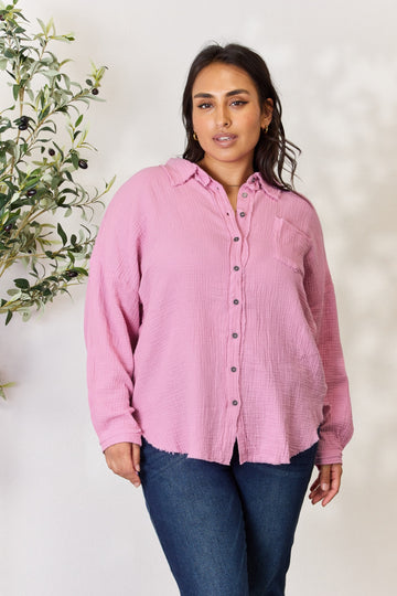 Zenana Texture Button Up Raw Hem Long Sleeve Shirt (online only)