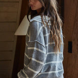 By Together -Knit Sweater Striped Collar V-Neck Long Sleeve Top