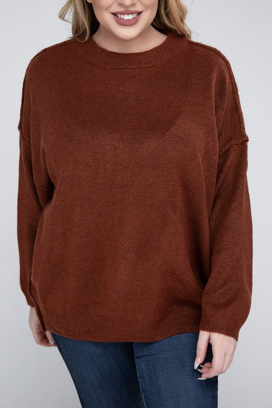Oversized Raw Seam Melange Sweater, Zenana (Plus size only)