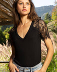 Pol Clothing - 1/2 lace sleeve v-neck tee