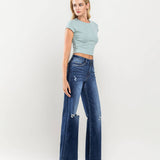 High Rise Distressed Wide Leg Jean in Ocean View, Flying Monkey