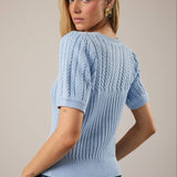 Sunday Edition by LE LIS - ROUND NECK PUFF SHORT SLEEVE CABLE SWEATER