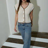Moon River - CONTRAST STITCH CROCHET KNIT SHORT SLEEVE CARDIGAN