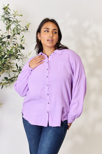 Zenana Texture Button Up Raw Hem Long Sleeve Shirt, Plus Size (online only)