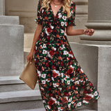 Floral V-Neck Short Flounce Sleeve Dress