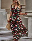 Floral V-Neck Short Flounce Sleeve Dress