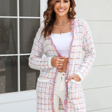 Plaid Fringe Trim Open Front Longline Cardigan