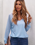 Sheer Striped V-Neck Long Sleeve T