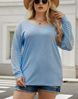 Sheer Striped Sleeve V-Neck (Plus size only)