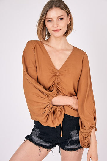 FRONT TIE SHIRRING TOP (various colors)- Mustard Seed