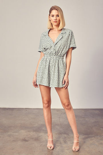 COLLARED OVERLAP POLKA DOT ROMPER- Mustard Seed