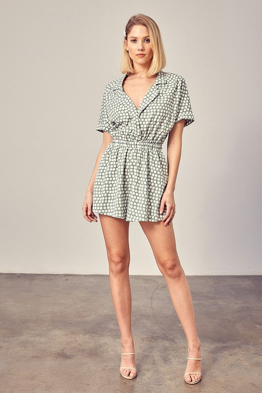 COLLARED OVERLAP POLKA DOT ROMPER- Mustard Seed