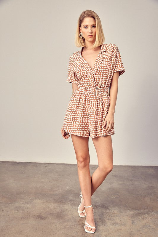 COLLARED OVERLAP POLKA DOT ROMPER- Mustard Seed