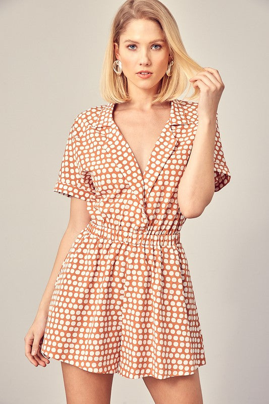 COLLARED OVERLAP POLKA DOT ROMPER- Mustard Seed