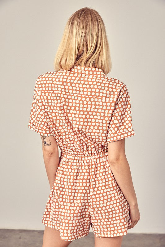 COLLARED OVERLAP POLKA DOT ROMPER- Mustard Seed