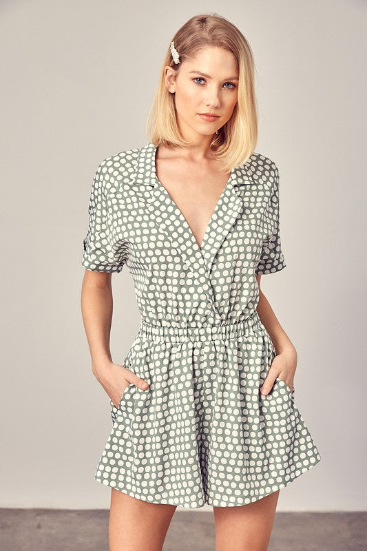 COLLARED OVERLAP POLKA DOT ROMPER- Mustard Seed