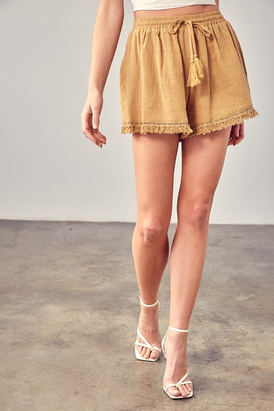 FRINGE TRIM HEM SHORTS, Various Colors- Mustard Seed