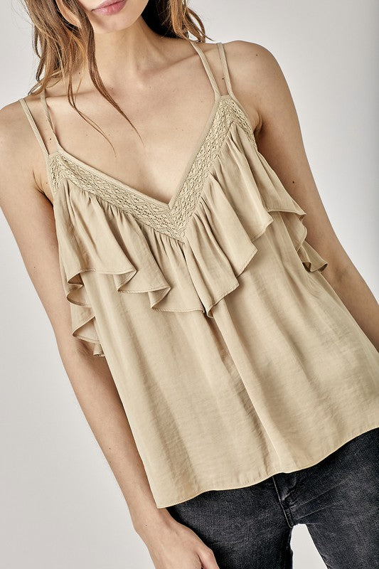 TRIM DETAIL WITH RUFFLE CAMI TOP- Various Colors- Listicle