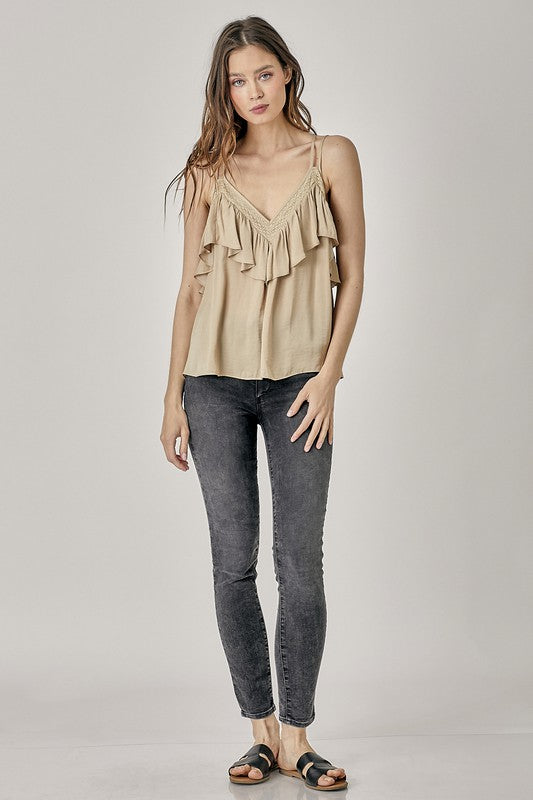 TRIM DETAIL WITH RUFFLE CAMI TOP- Various Colors- Listicle