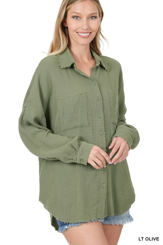 Cotton Gauze, Raw Edge Button Up Shirt- Various Colors