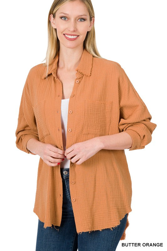 Cotton Gauze, Raw Edge Button Up Shirt- Various Colors