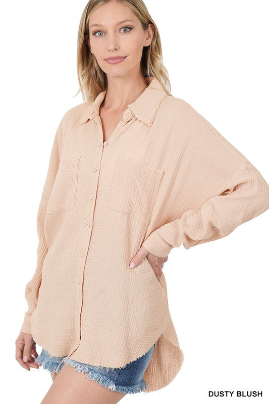 Cotton Gauze, Raw Edge Button Up Shirt- Various Colors