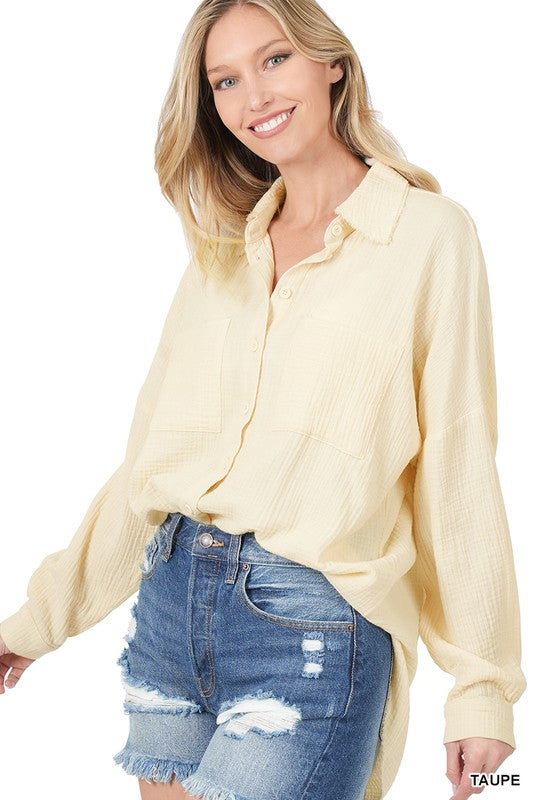 Cotton Gauze, Raw Edge Button Up Shirt- Various Colors