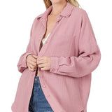 Cotton Gauze, Raw Edge Button Up Shirt- Various Colors