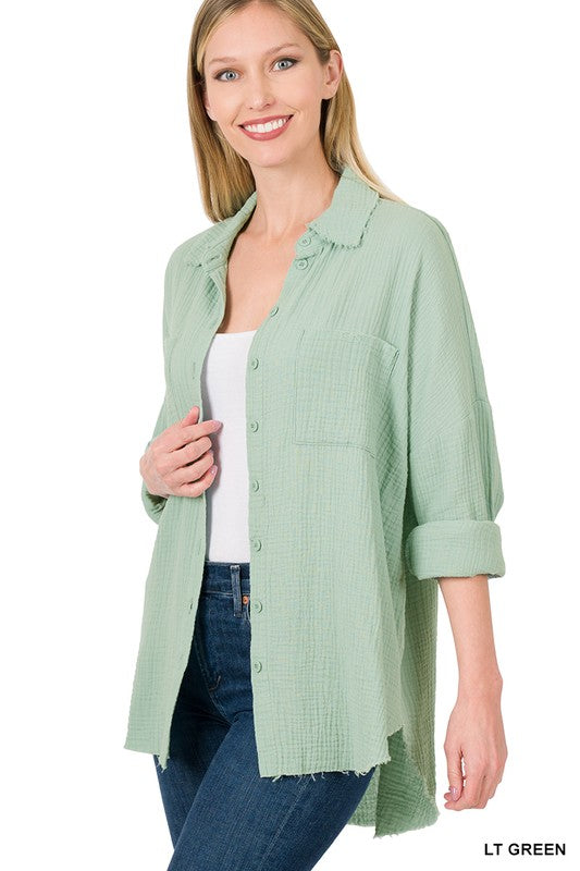 Cotton Gauze, Raw Edge Button Up Shirt- Various Colors