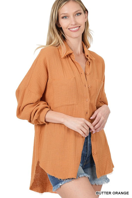 Cotton Gauze, Raw Edge Button Up Shirt- Various Colors