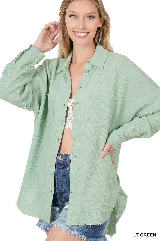 Cotton Gauze, Raw Edge Button Up Shirt- Various Colors