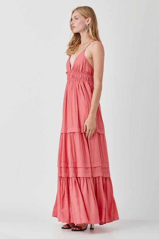 SHIRRED RUFFLE FOLDED DETAIL MAXI DRESS, Various Colors- Mustard Seed