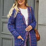 Plaid Fringe Trim Open Front Longline Cardigan