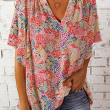 Floral Notched Neck Flutter Sleeve Blouse