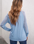 Sheer Striped V-Neck Long Sleeve T