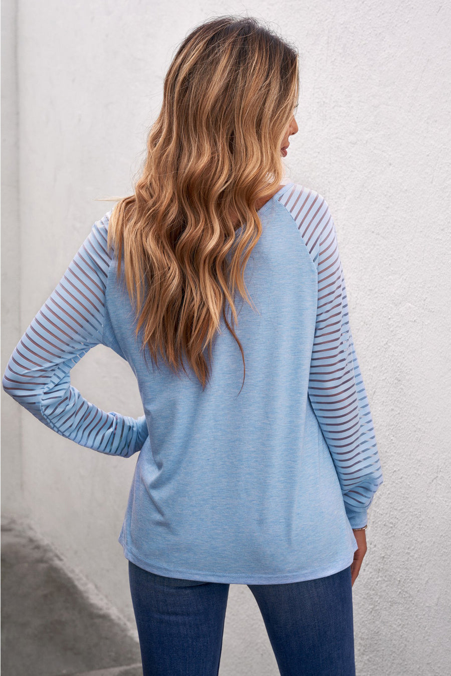 Sheer Striped V-Neck Long Sleeve T