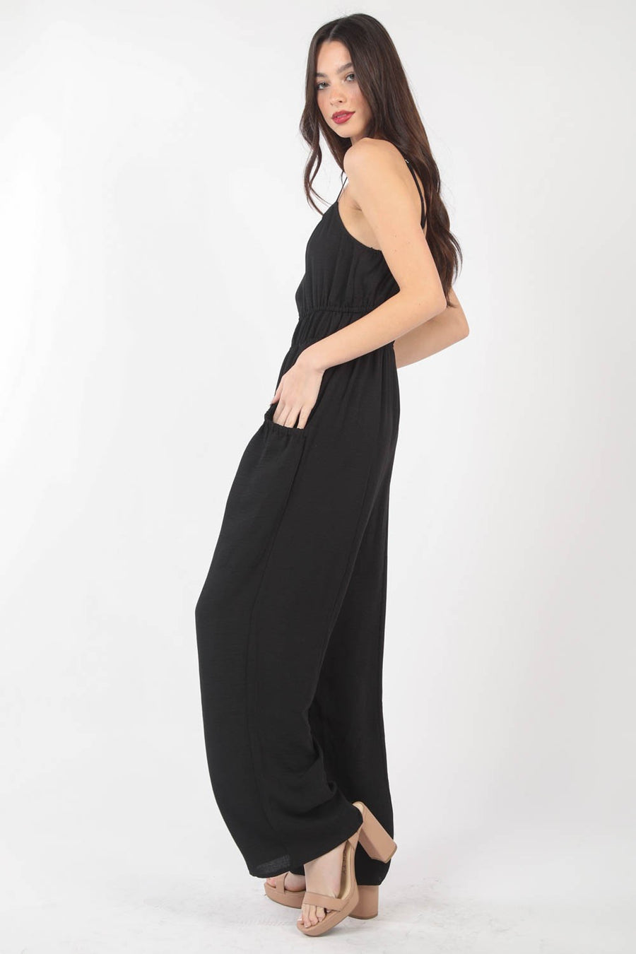 VERY J Pintuck Detail Woven Sleeveless Jumpsuit (online only)