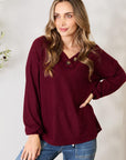 Zenana Buttoned V-Neck Long Sleeve Blouse