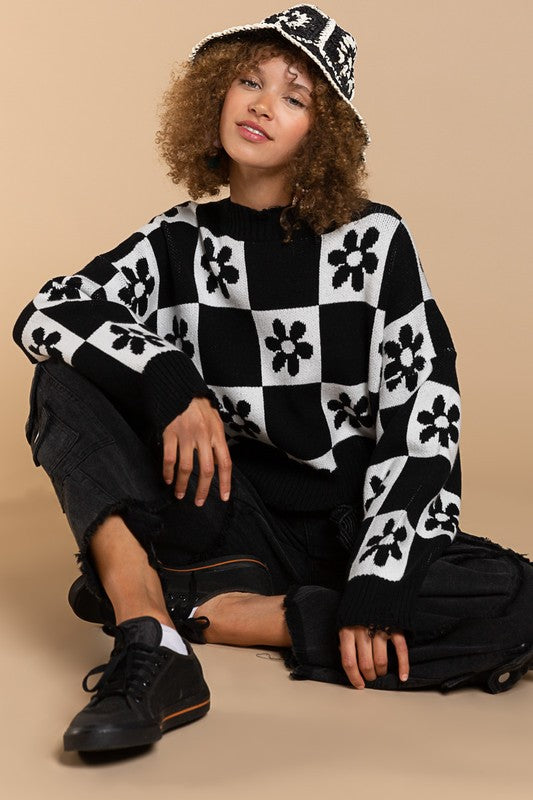 Flowered Checkered Distressed Cropped Sweater- Pol