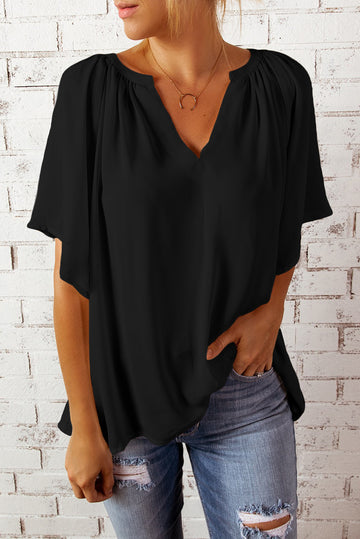Gathered Detail Notched Neck Flutter Sleeve Top (Various colors)