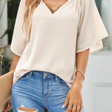 Gathered Detail Notched Neck Flutter Sleeve Top (Various colors)