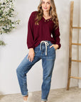 Zenana Buttoned V-Neck Long Sleeve Blouse