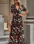 Floral V-Neck Short Flounce Sleeve Dress