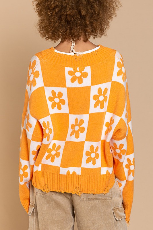 Flowered Checkered Distressed Cropped Sweater- Pol